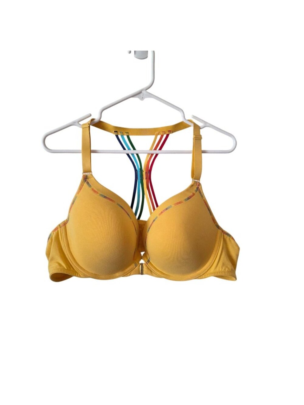 Cacique Womens Sz 44B Yellow Boost Plunge Full Coverage Bra Rainbow Straps Pride